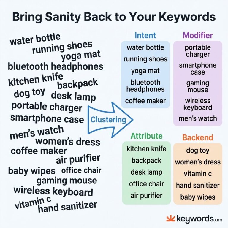 Keywords.am amazon keyword clustering before and after comparison showing organized keyword groups