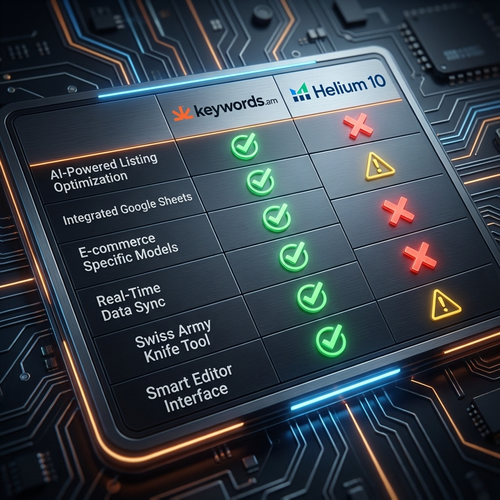 Keywords.am vs Helium 10 comparison chart showing workflow simplicity