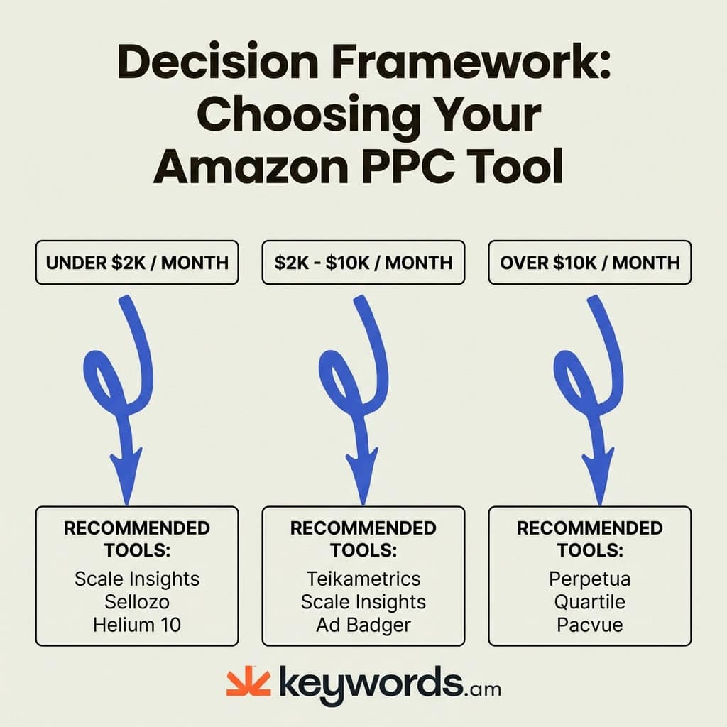 Keywords.am amazon ppc tools decision framework by monthly ad spend level