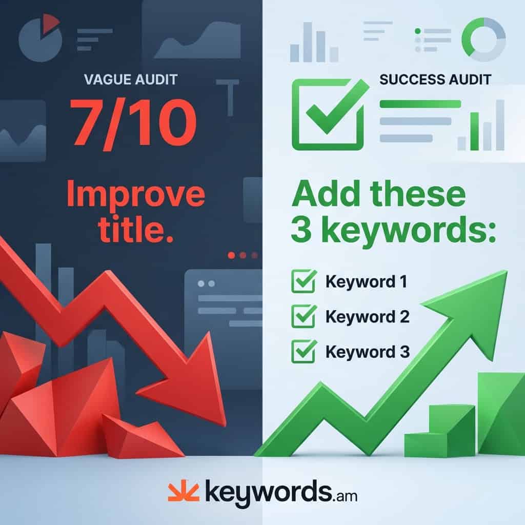 Keywords.am listing audit tool actionable recommendations versus generic scores comparison
