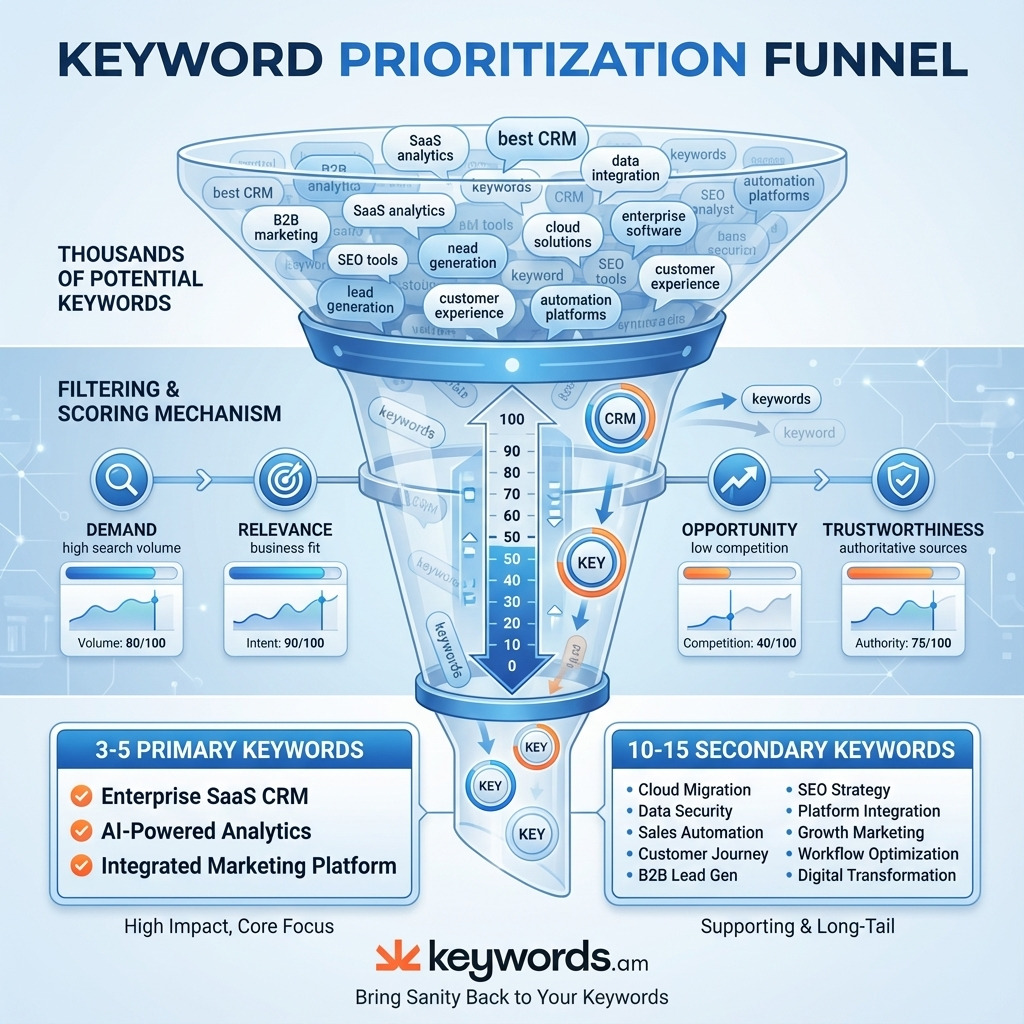 Amazon keyword research KPS methodology infographic showing how Keywords.am Priority Score filters thousands of keywords to 3-5 primary and 10-15 secondary actionable priorities