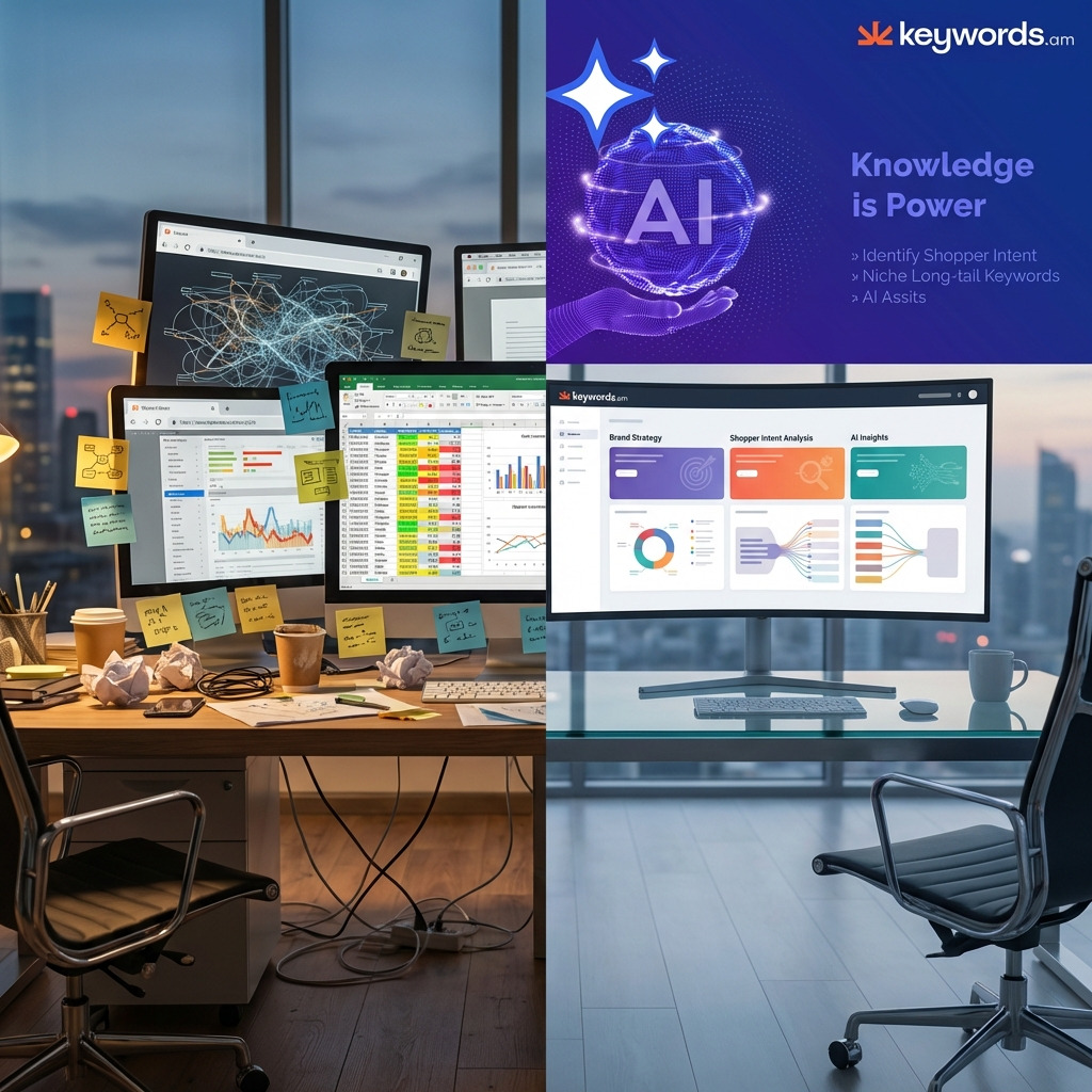 Keywords.am amazon listing software agencies comparison spreadsheet chaos versus organized workspace