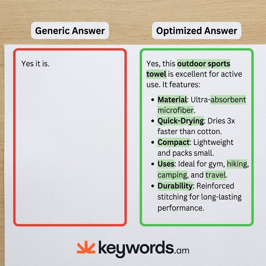 Amazon Q&A optimization weak answer versus keyword-optimized COSMO-friendly answer comparison