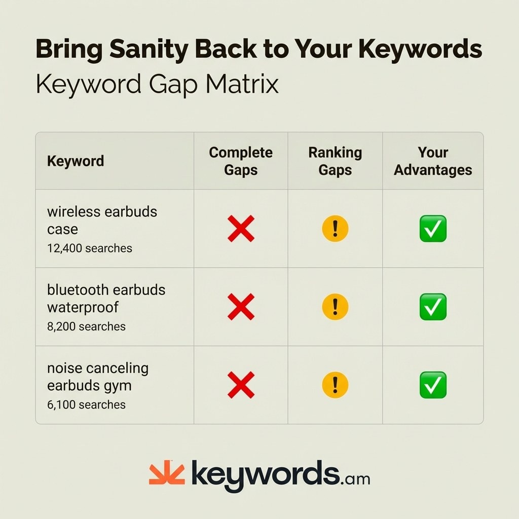 Keywords.am amazon competitor analysis keyword gap matrix showing complete gaps ranking gaps and advantages