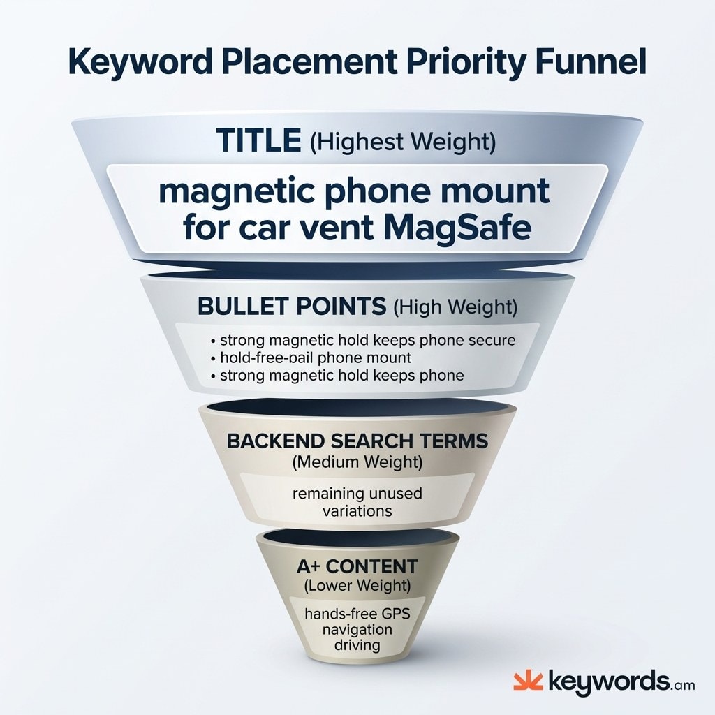 Keywords.am amazon long tail keywords placement priority showing title, bullets, backend, and A+ content tiers
