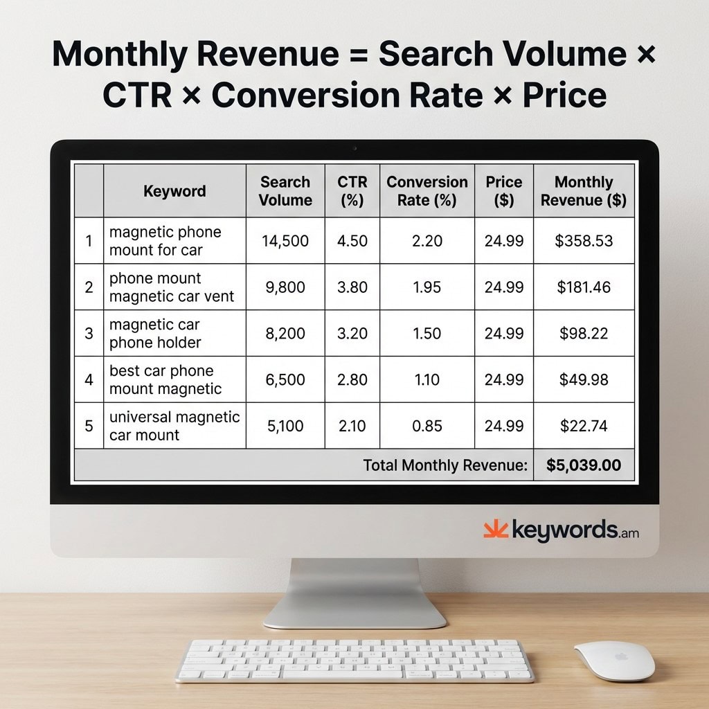Keywords.am Amazon product niche validation revenue estimation formula with keyword data example