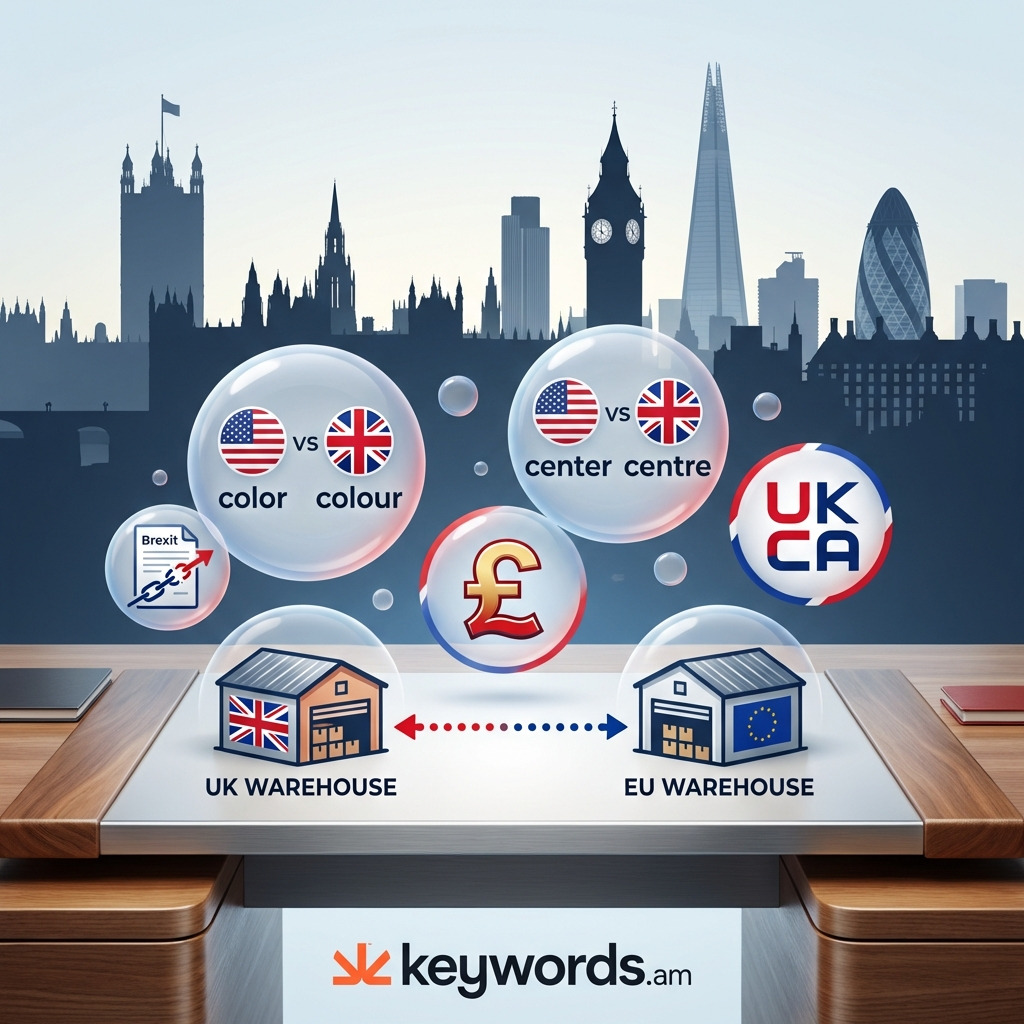 Keywords.am UK amazon listing localization showing Brexit compliance and British spelling