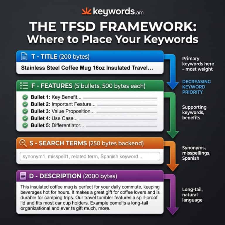 TFSD Framework diagram showing Title Features Search Terms Description structure for Amazon keyword optimization