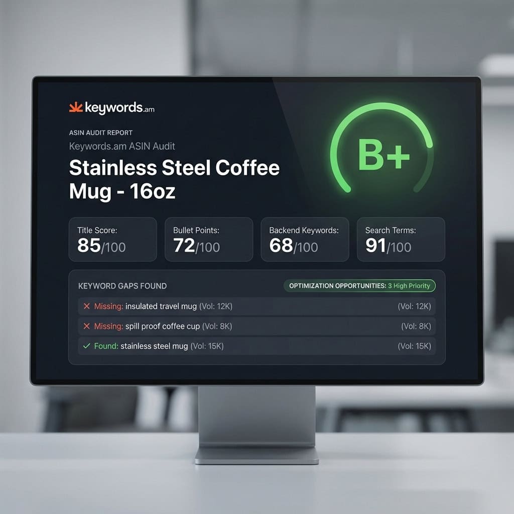 Free Amazon ASIN audit report showing listing grade, keyword gaps, and optimization opportunities