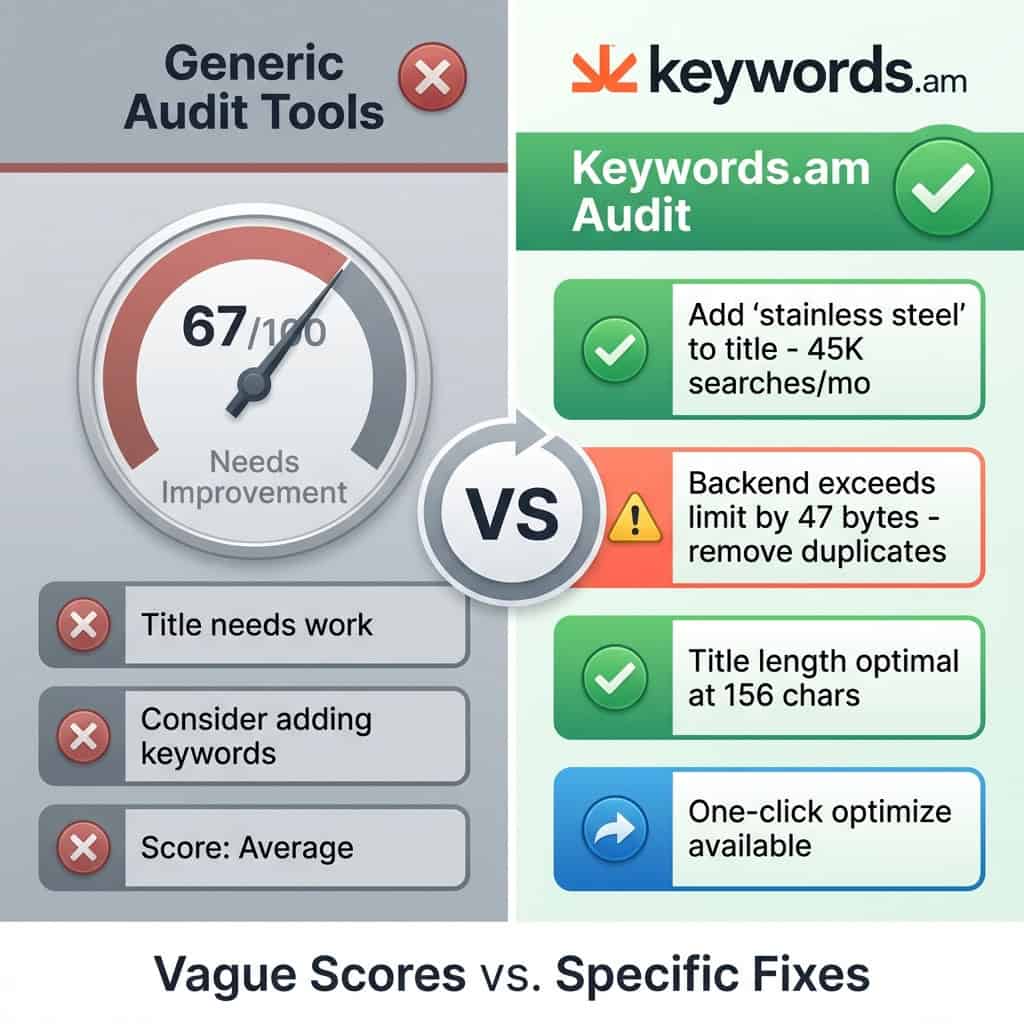 Comparison showing generic amazon listing audit scores versus keywords. Am specific fixes Comparison showing generic amazon listing audit scores versus keywords. Am specific fixes