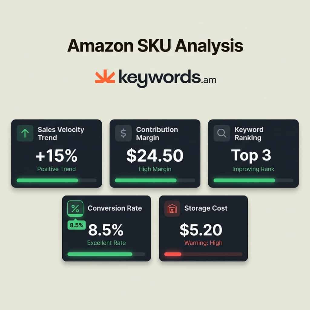 Keywords.am amazon product performance analysis five data points for SKU rationalization audit