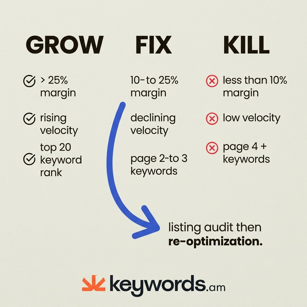 Keywords.am amazon sku rationalization Grow-Fix-Kill decision matrix with margin, velocity, and keyword thresholds