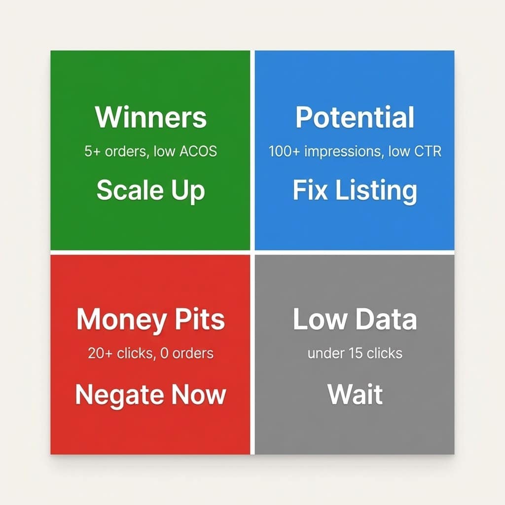 Amazon search term report 4-bucket analysis framework showing Winners, Potential, Money Pits, and Low Data categories