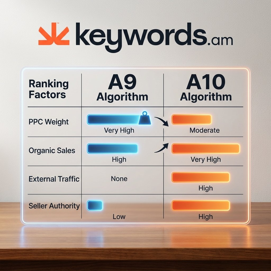 Keywords.am Amazon A10 vs A9 algorithm comparison showing ranking factor weight changes