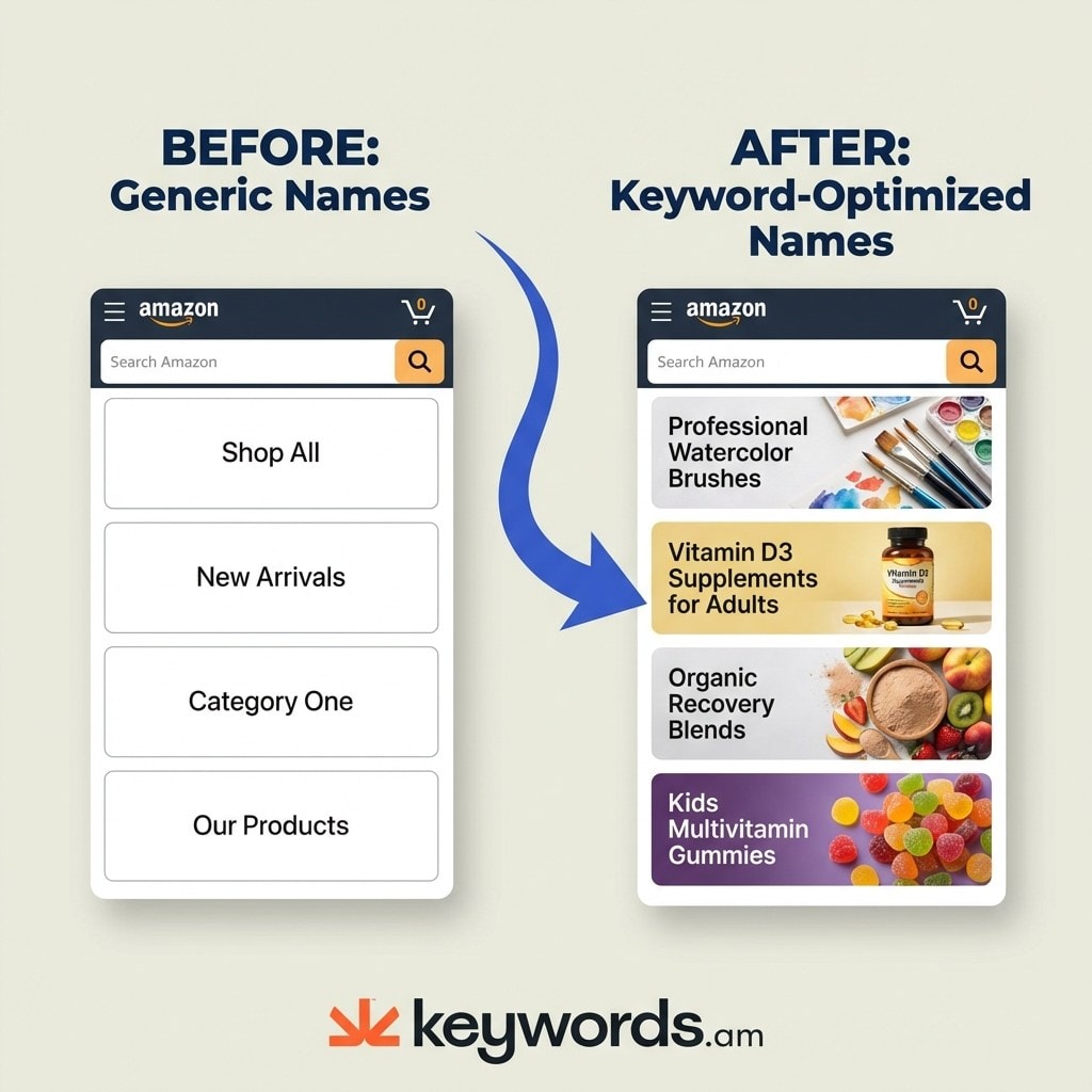 Keywords.am Amazon Brand Store optimization before and after comparison of generic versus keyword-rich page names