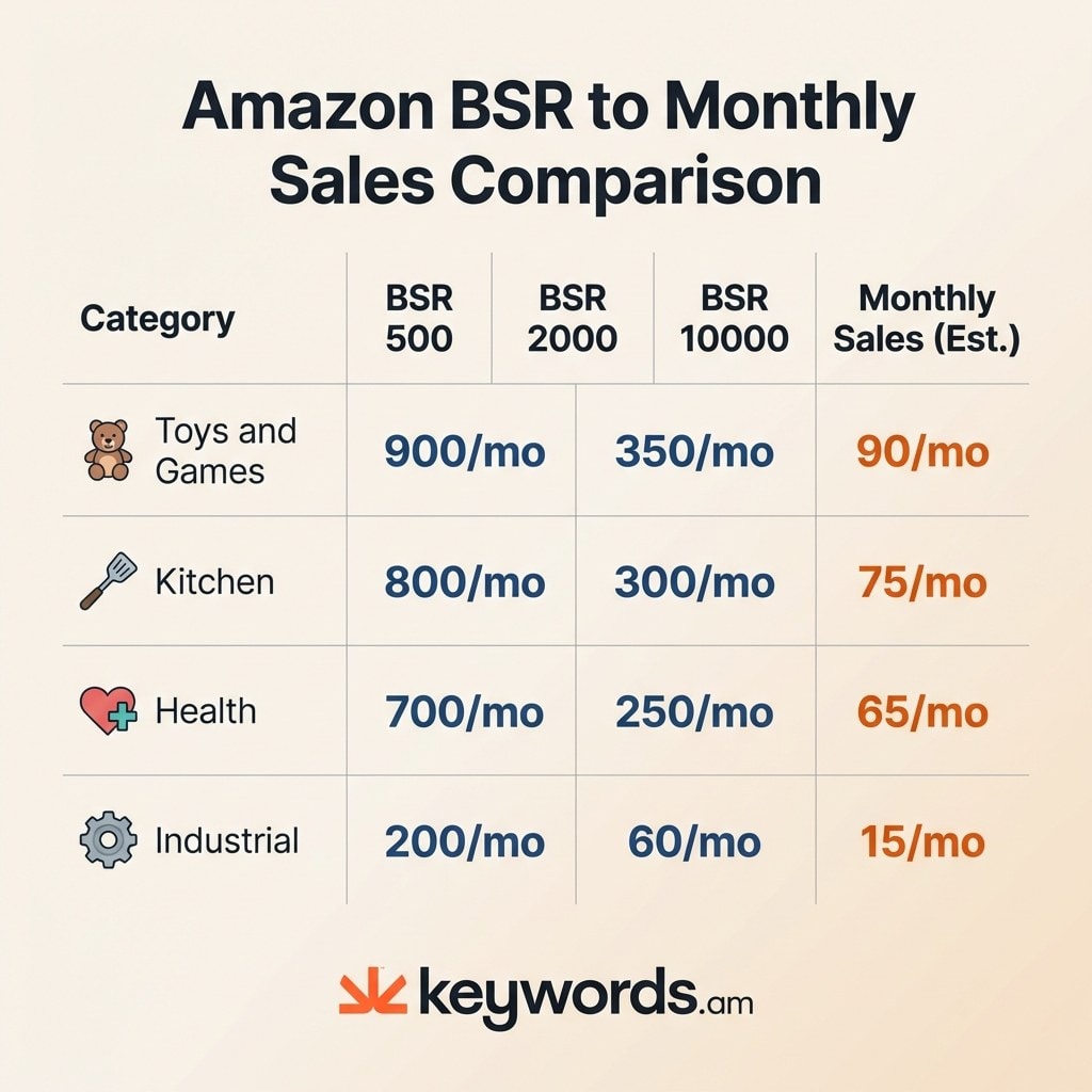 Keywords.am amazon bsr to sales conversion rates by category showing monthly unit estimates
