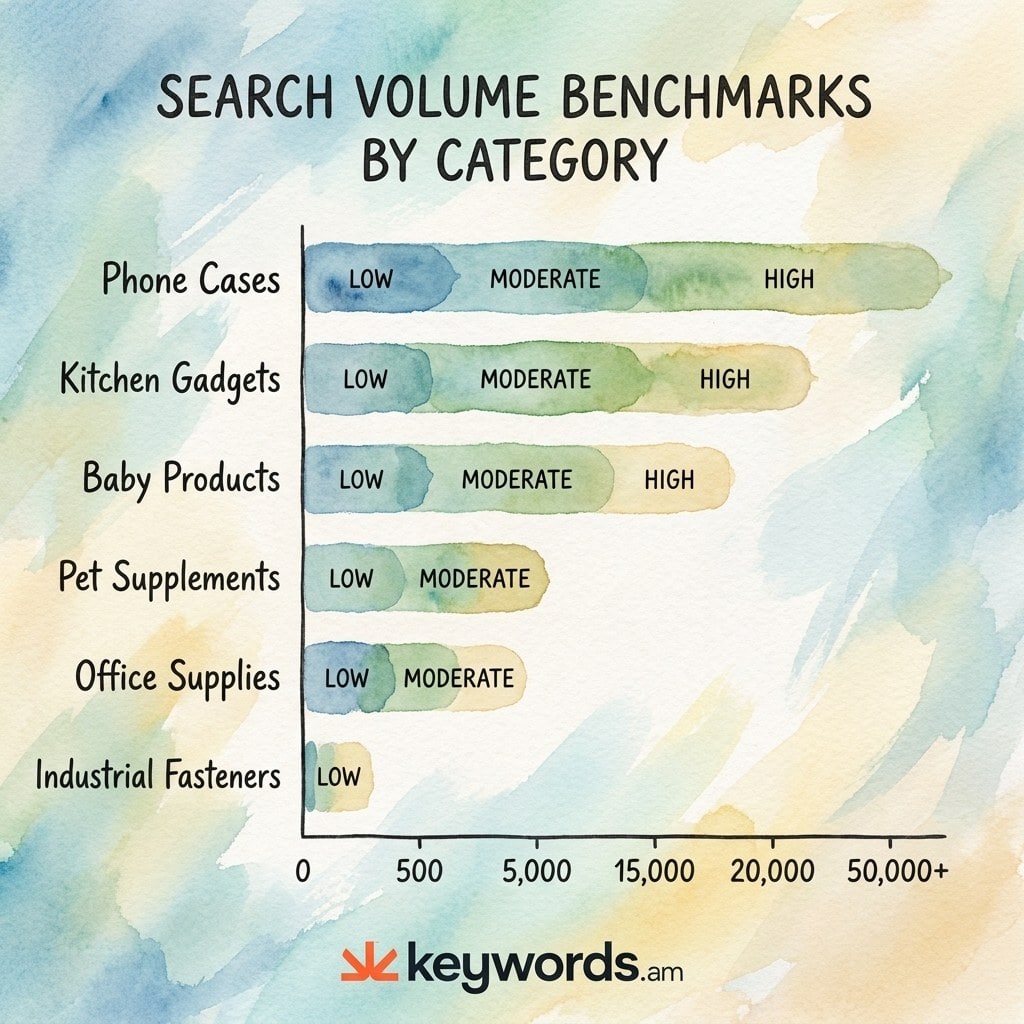 Keywords.am amazon search volume category benchmarks comparing volume thresholds across product types