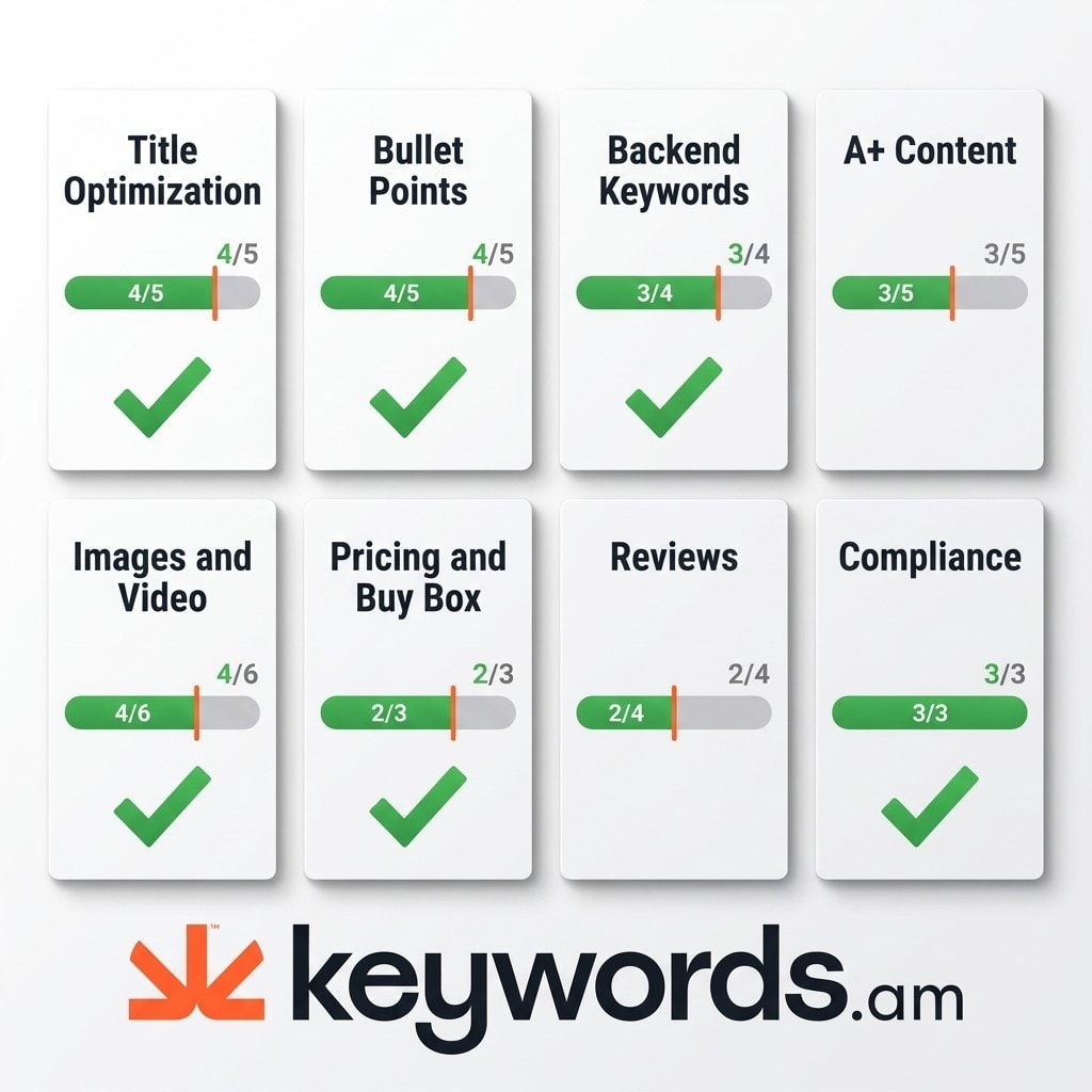 Amazon listing optimization checklist infographic showing the 8 audit categories with pass thresholds