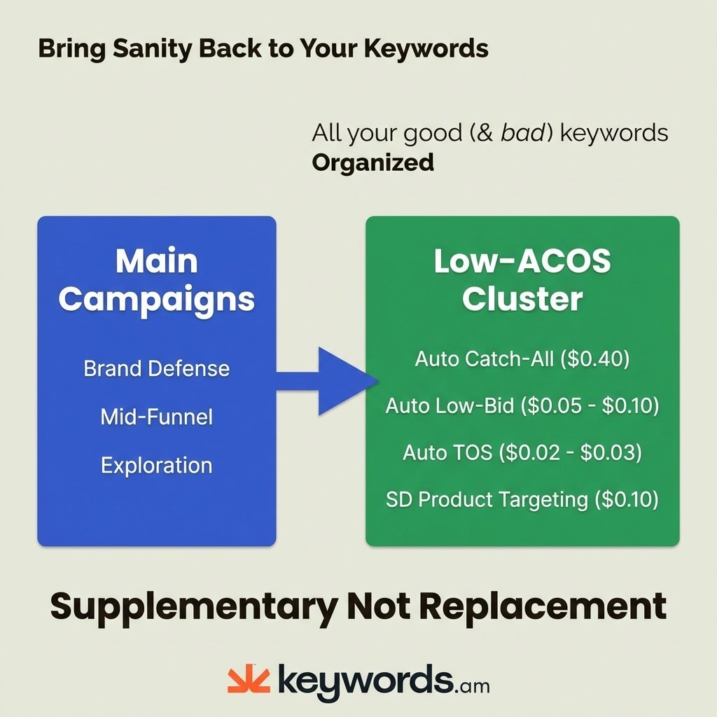 Keywords.am Amazon PPC campaign cluster architecture showing four supplementary low-ACOS campaigns alongside main campaign structure