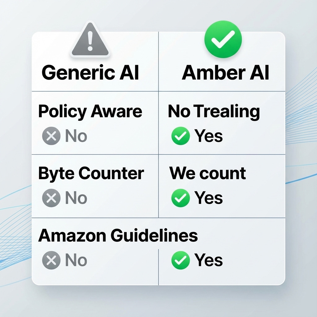 Comparison table between generic ai and amber ai showing policy safety and amazon compliance differences Comparison table between generic ai and amber ai showing policy safety and amazon compliance differences