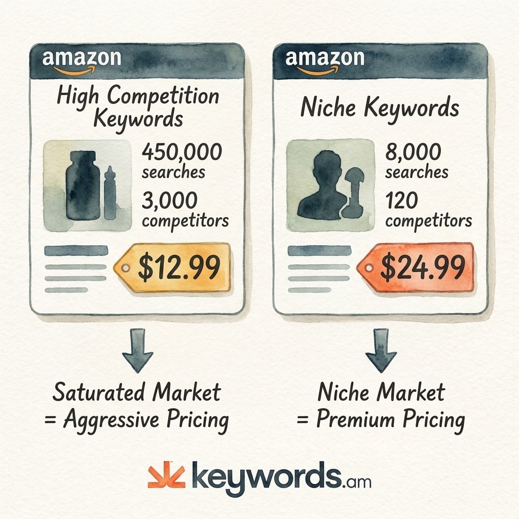 Keywords.am amazon pricing strategy comparison high competition vs niche keyword pricing