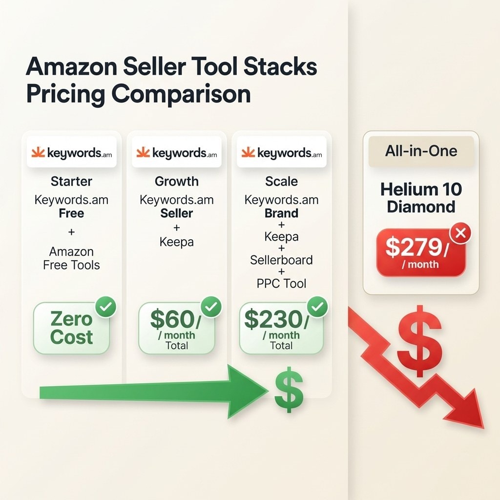Amazon seller tools comparison showing focused stack pricing tiers vs Helium 10 Diamond
