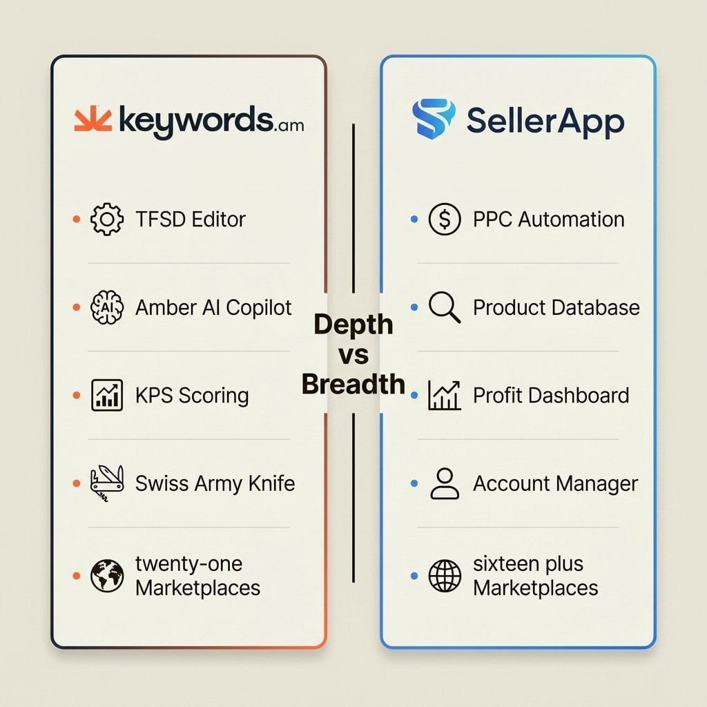 Keywords.am vs SellerApp feature comparison for Amazon keyword research depth versus all-in-one breadth