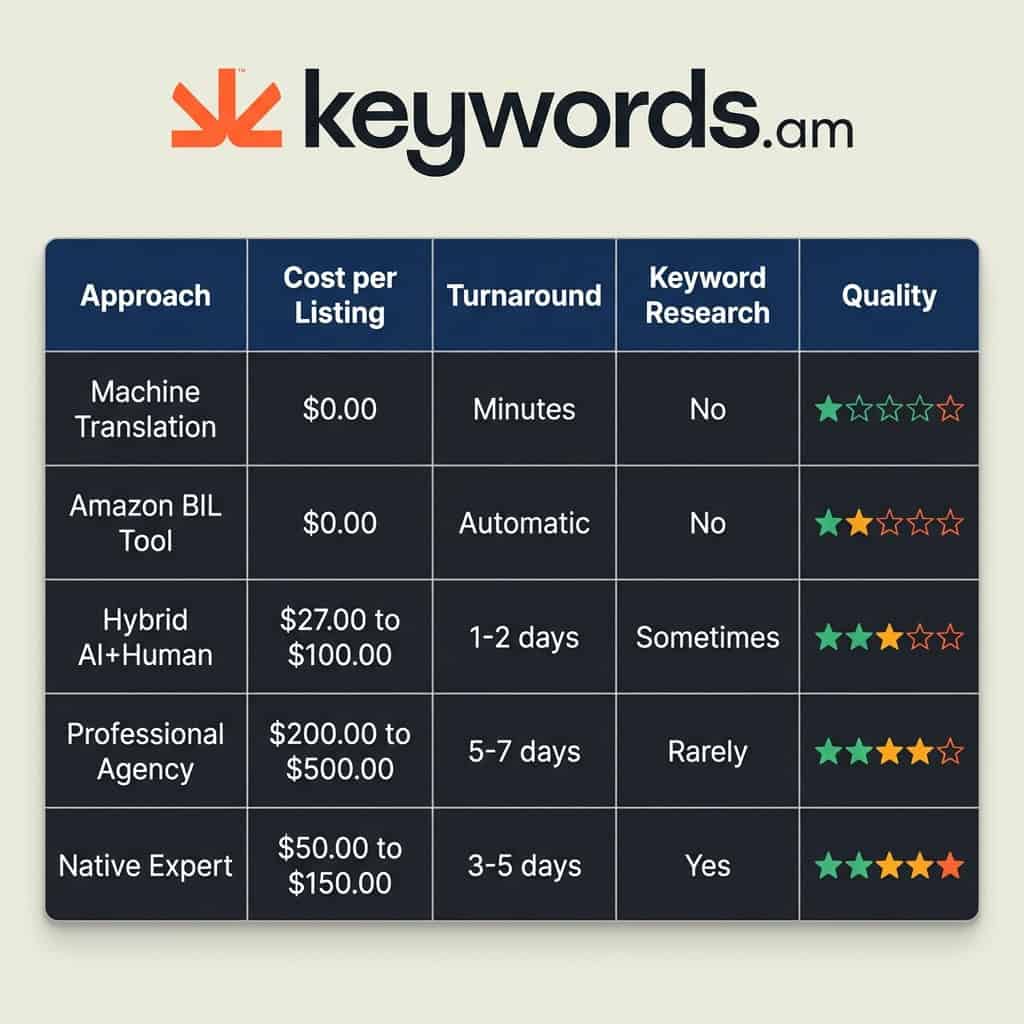 Keywords.am amazon product translation cost comparison showing five approaches from free machine translation to professional agency pricing