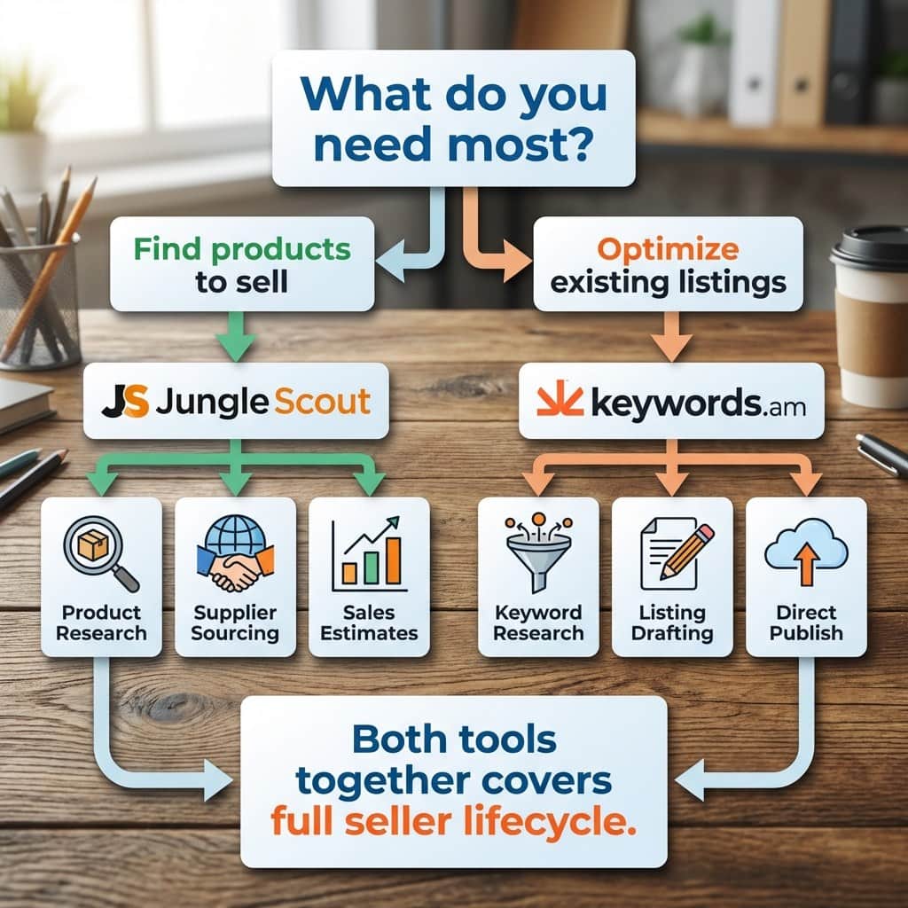 Amazon keyword tool comparison decision flowchart showing when to use Keywords.am versus Jungle Scout based on seller needs