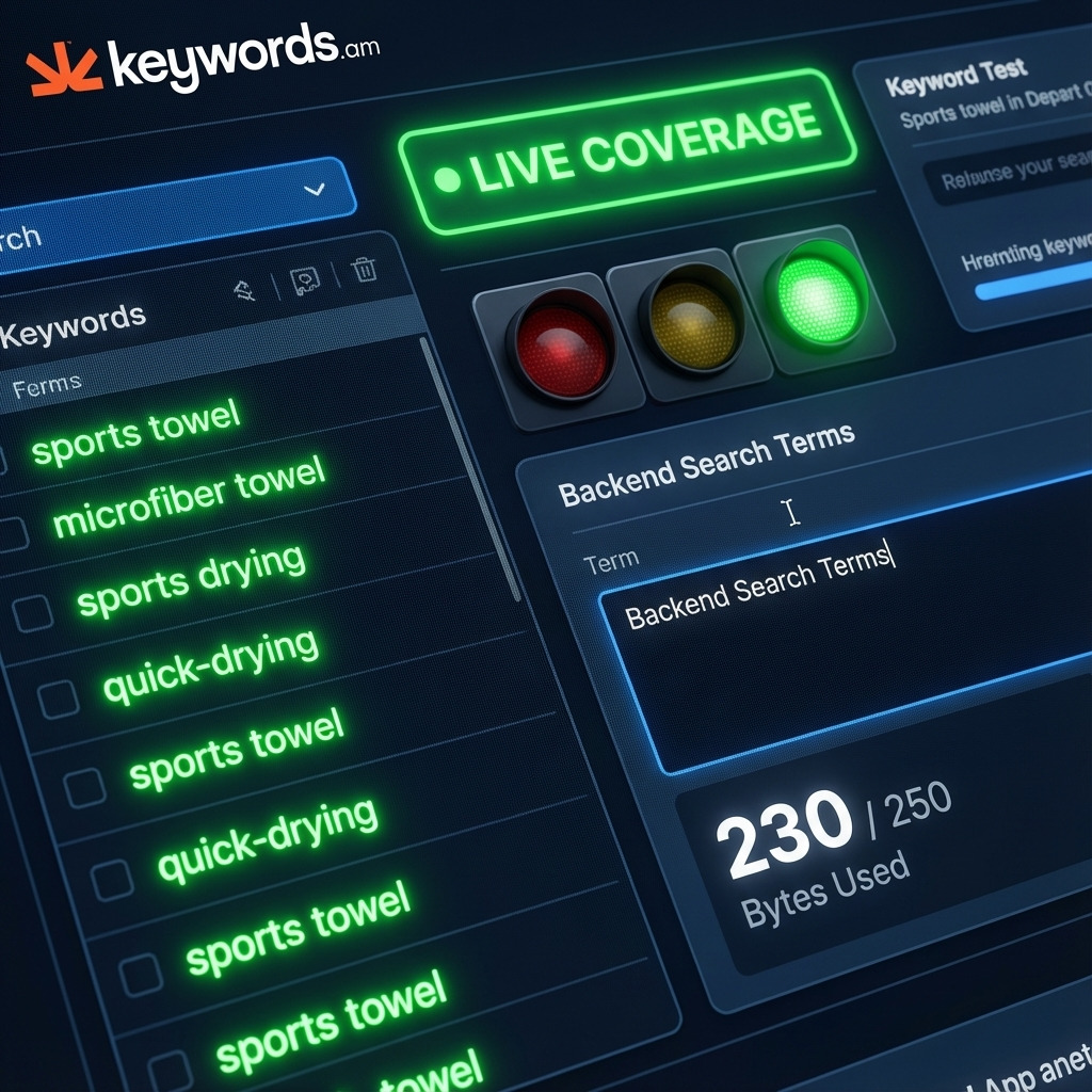 Keywords. Am editor showing live keyword coverage indicators and byte counters