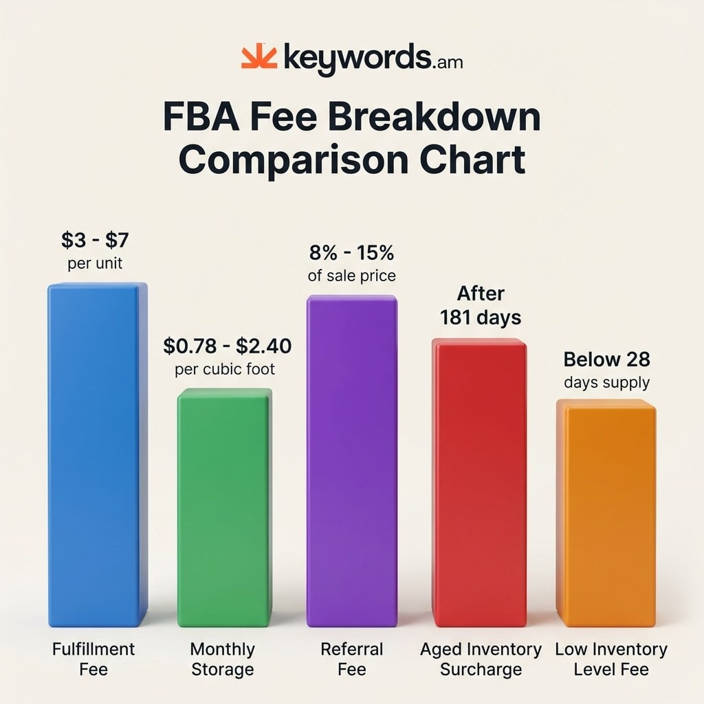Amazon FBA fees 2026 breakdown chart showing fulfillment storage referral and surcharge costs