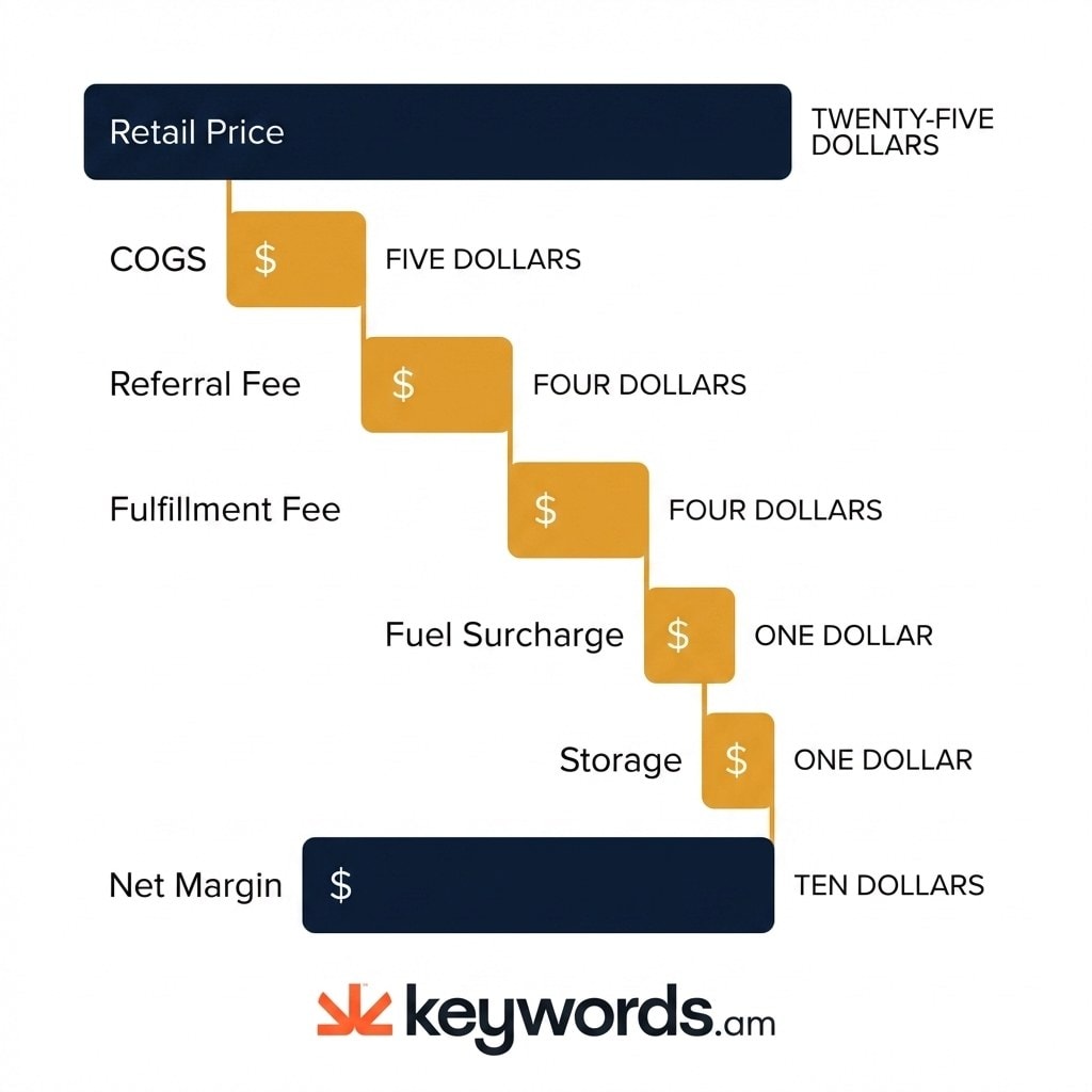 Keywords.am amazon fba fees waterfall showing how a $24.99 product's margin shrinks through each fee layer