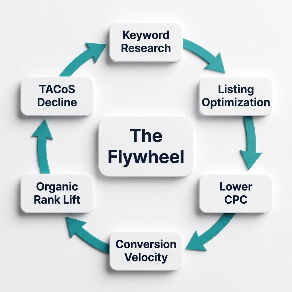 Keywords.am amazon TACoS PPC-to-organic flywheel showing how keyword research drives organic rank and lowers advertising costs