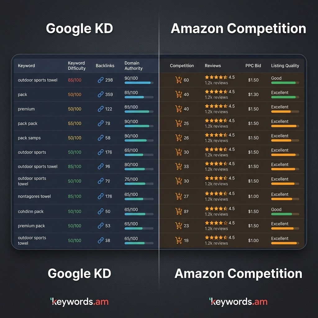 Keywords.am amazon keyword difficulty vs Google keyword difficulty comparison showing different ranking factors