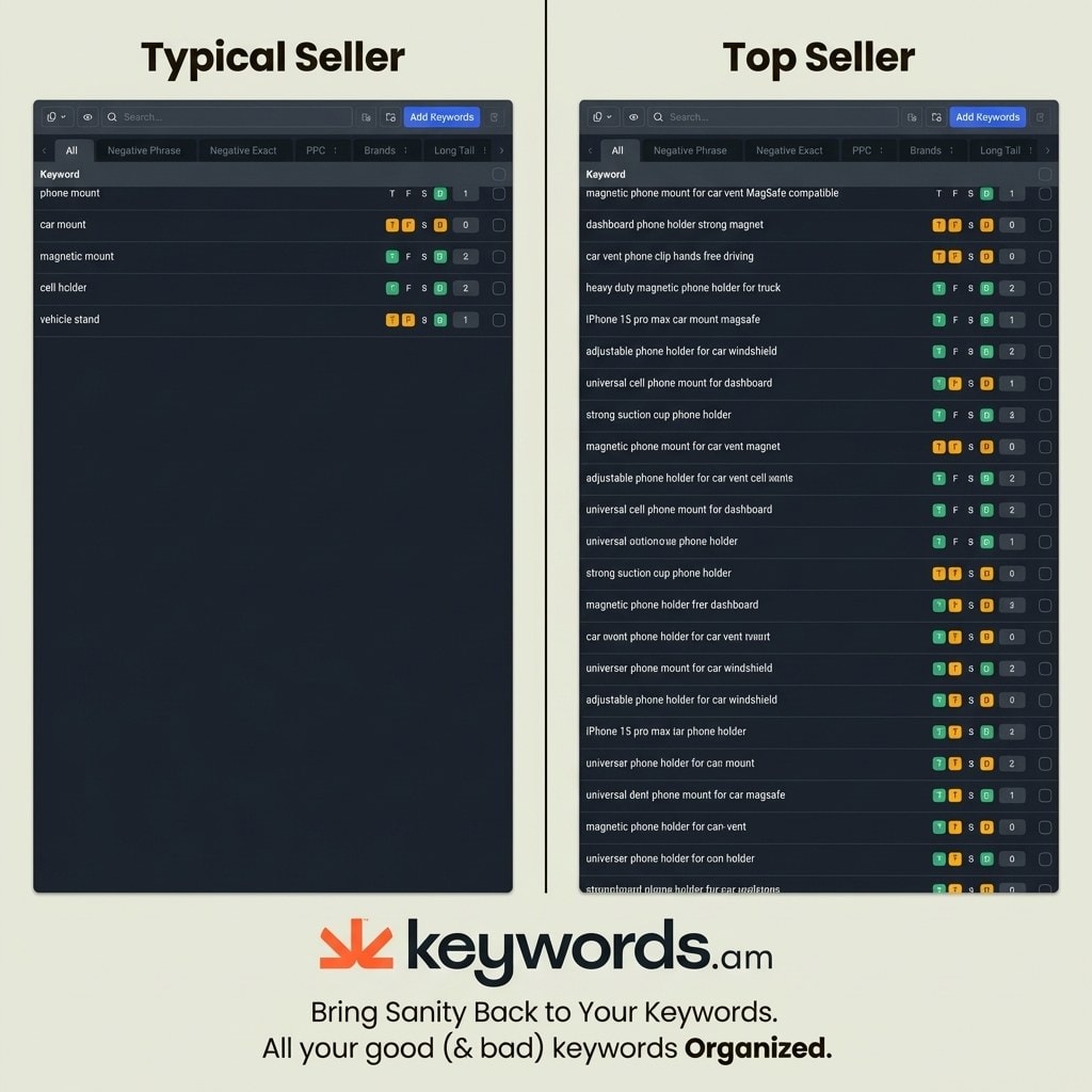 Keywords.am amazon long tail keyword strategy comparison between head terms and long-tail coverage across listing fields