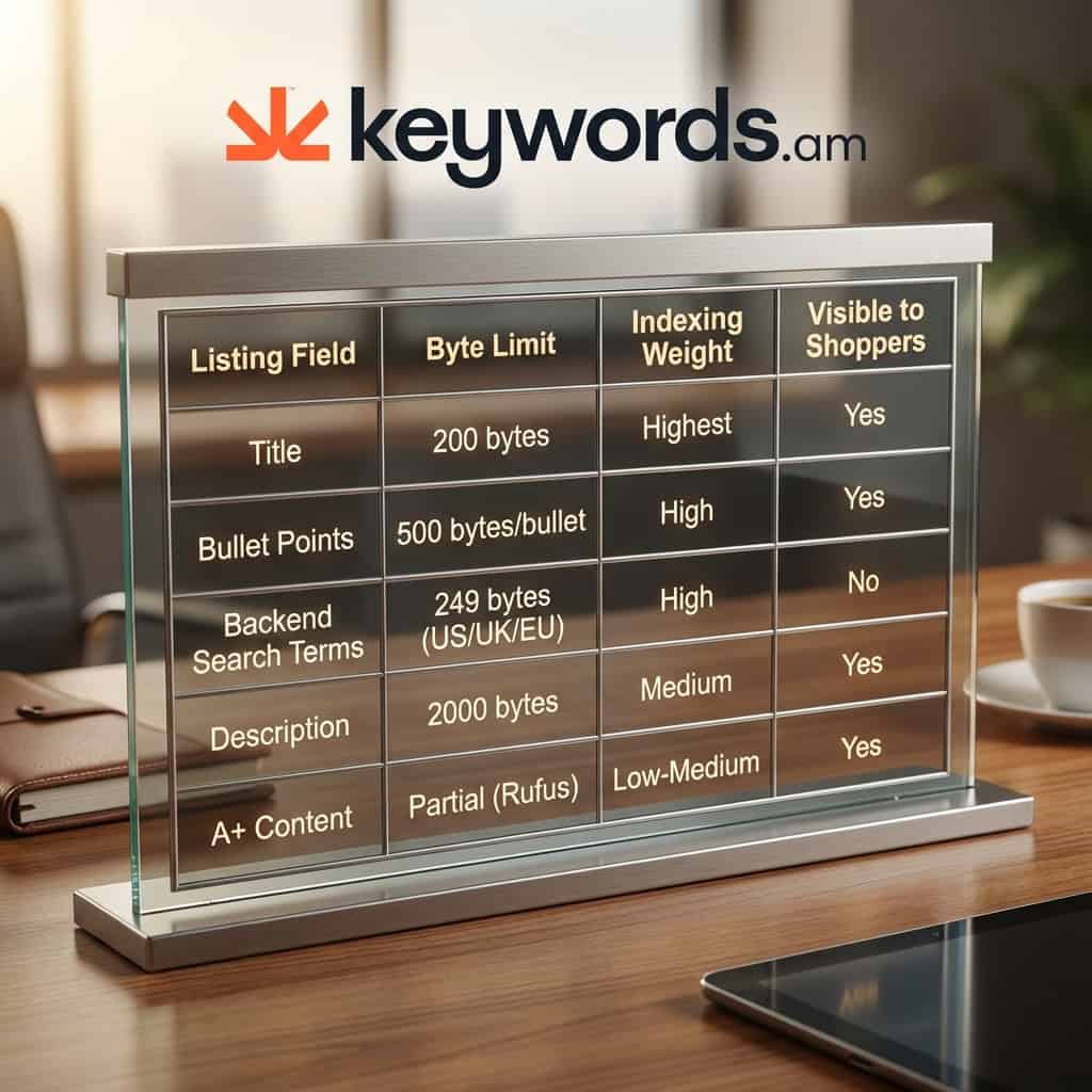 Keywords.am amazon keyword indexing fields comparison showing byte limits and indexing weight for title, bullets, backend, description, and A+ content