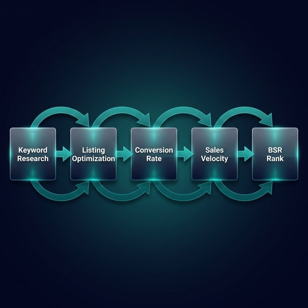 Keywords.am amazon bsr input chain showing how keyword research drives sales rank improvement