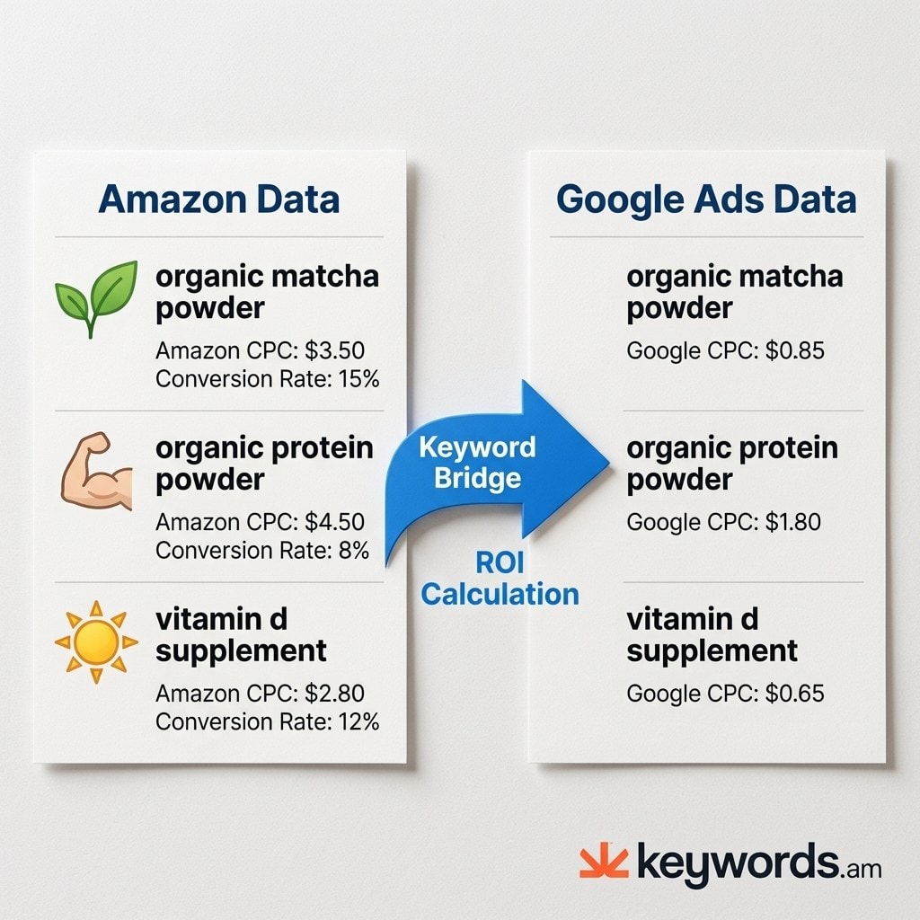 Keywords.am amazon external traffic keyword bridge method comparing Amazon and Google keyword costs