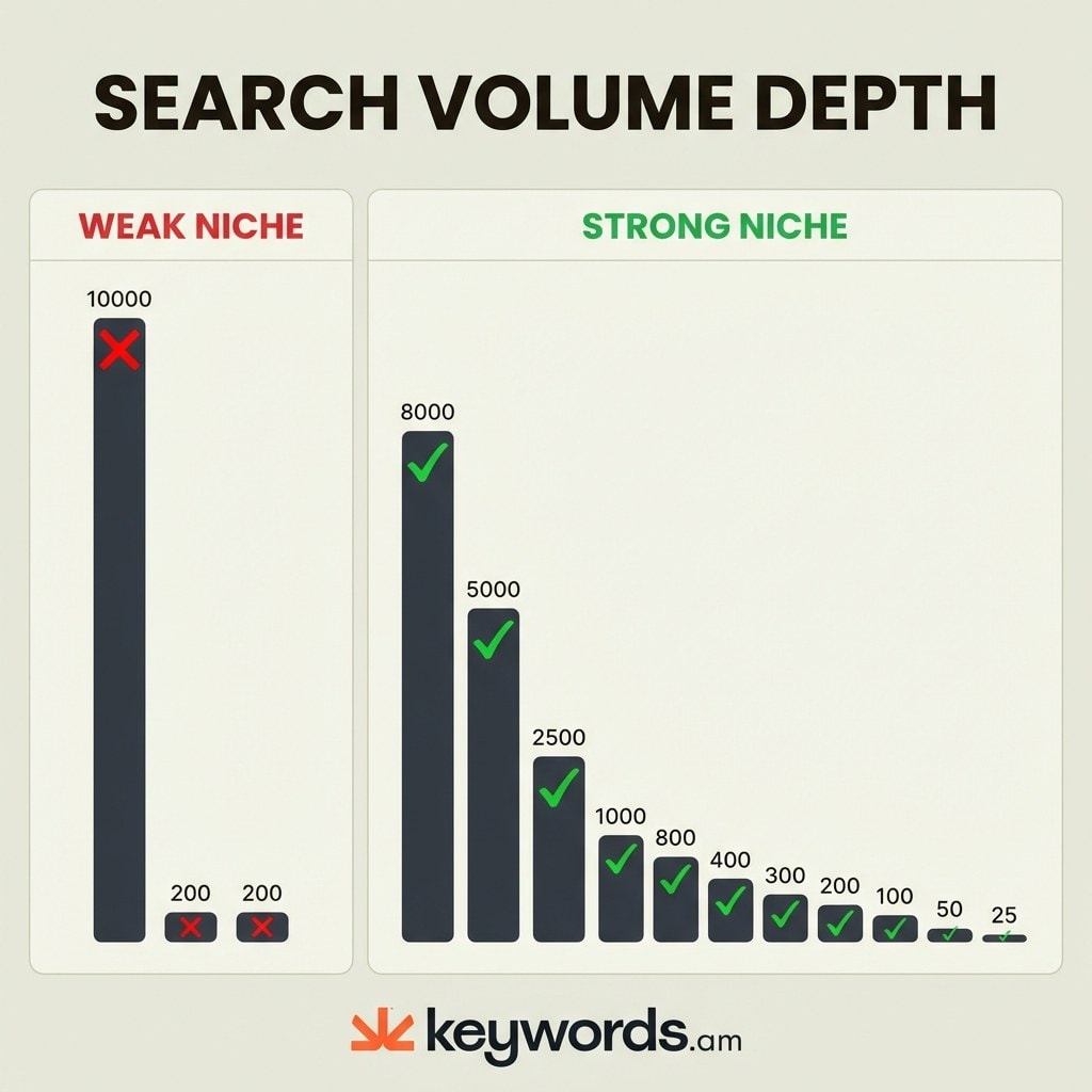 Keywords.am Amazon niche keyword depth comparison showing weak versus strong search volume distribution