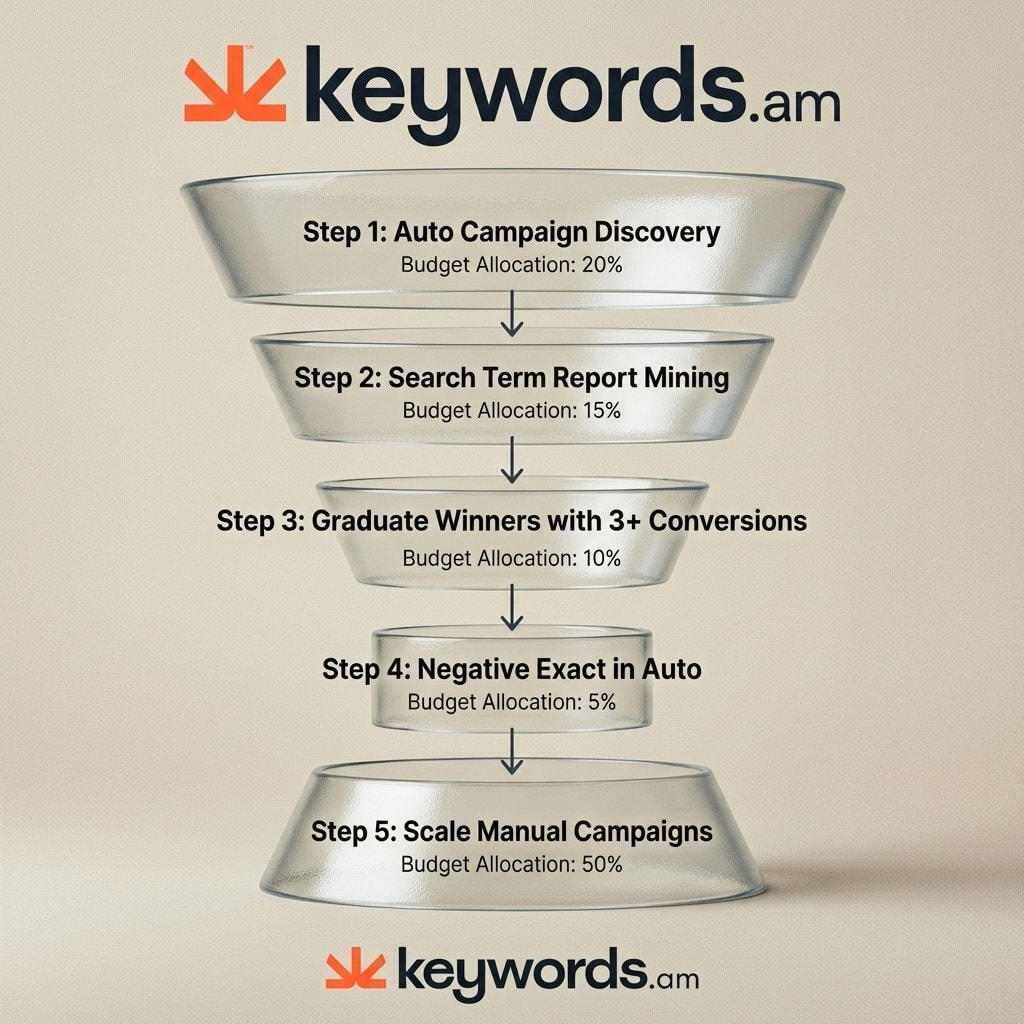 Keywords.am sponsored products keyword harvesting funnel showing 5-step process from auto discovery to manual campaign scaling