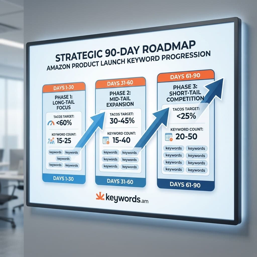 Keywords.am amazon launch keyword progression framework comparison table showing three phases of keyword targeting