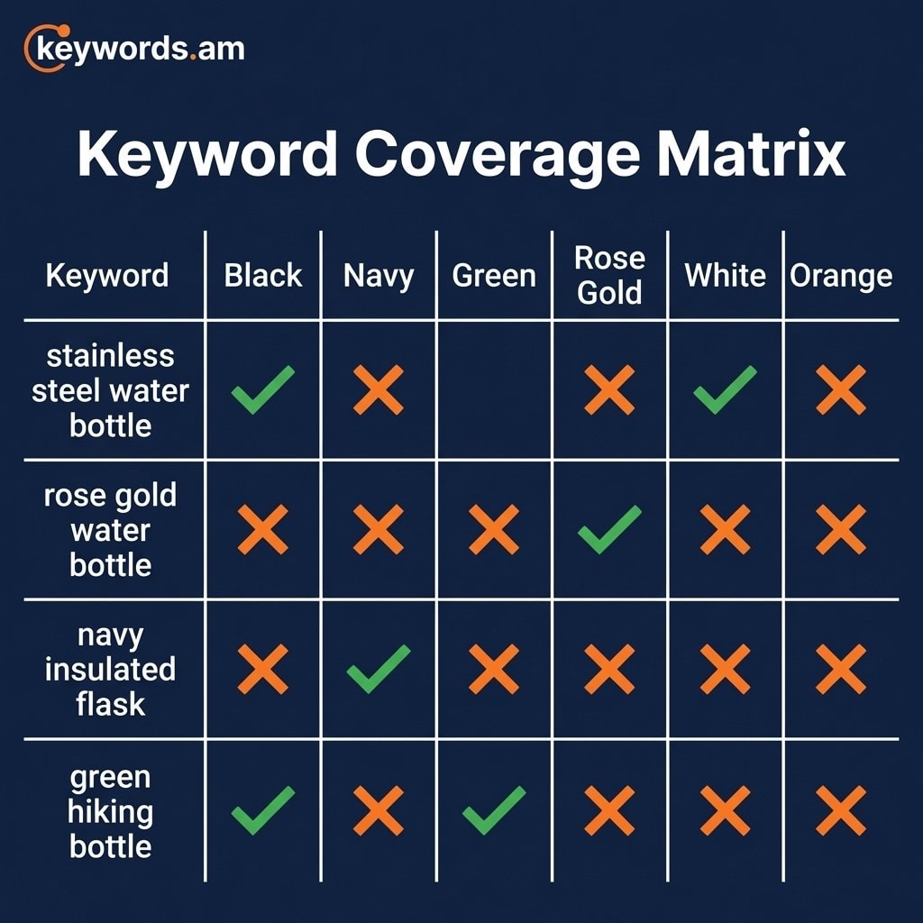 Keywords.am amazon variation keyword strategy coverage matrix showing gaps across child ASINs