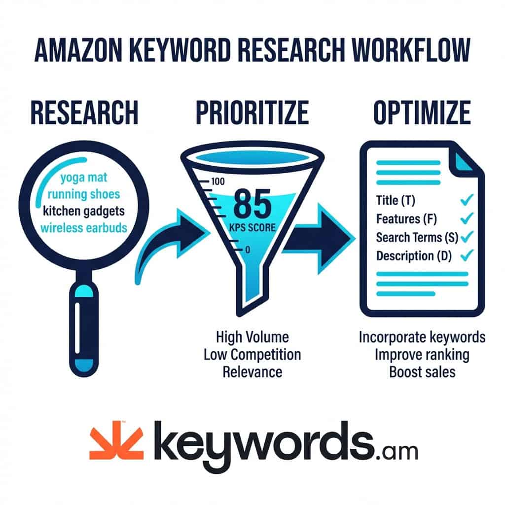 Amazon keyword research workflow infographic showing research, prioritize with kps scoring, and optimize with tfsd framework Amazon keyword research workflow infographic showing research, prioritize with kps scoring, and optimize with tfsd framework