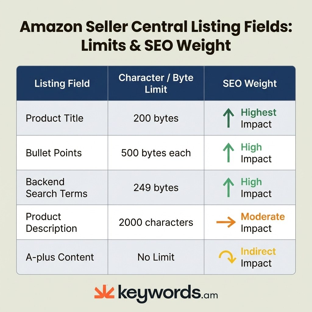 Keywords.am amazon seller central listing field character limits and SEO impact comparison