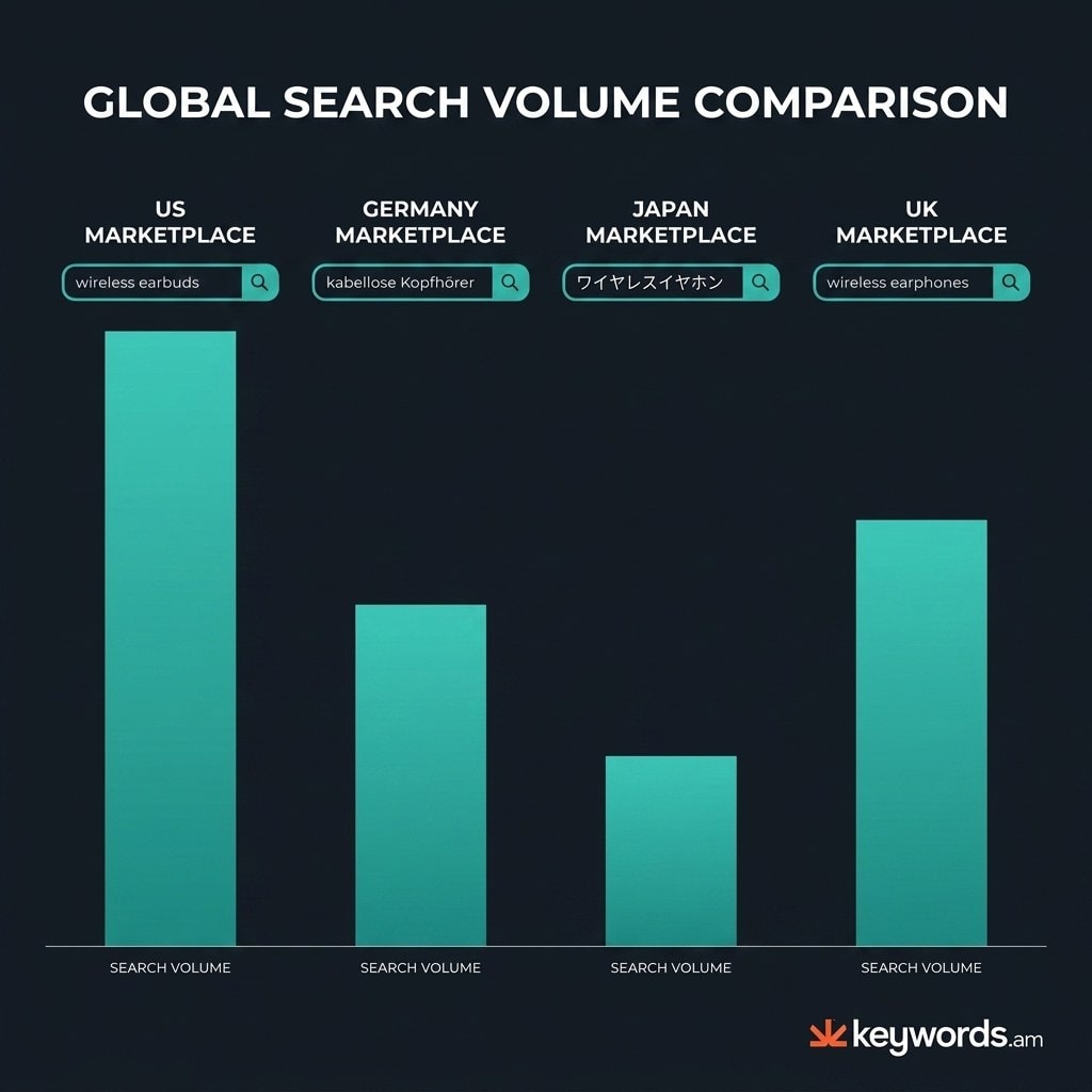 International Amazon keyword research showing different search terms per marketplace