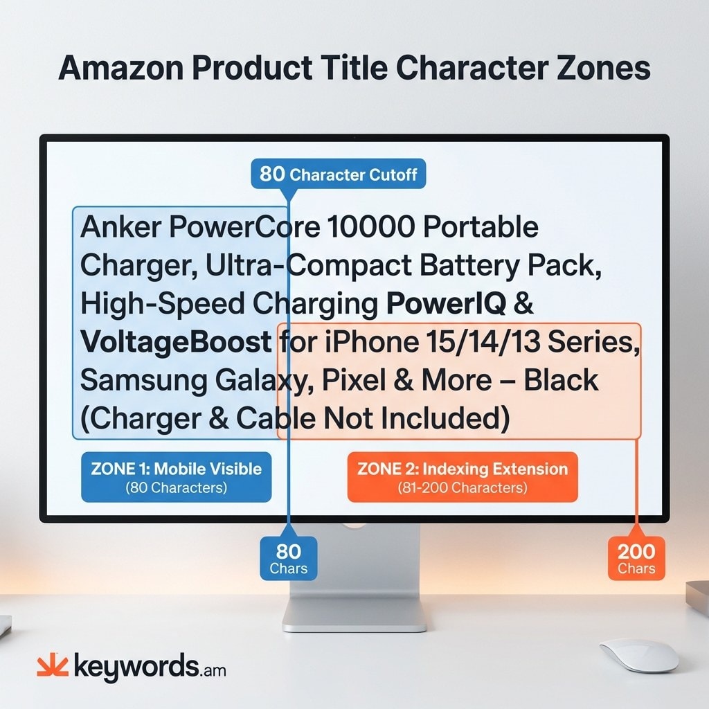 Keywords.am amazon product title mobile truncation zones showing 80 character mobile cutoff versus 200 character full limit