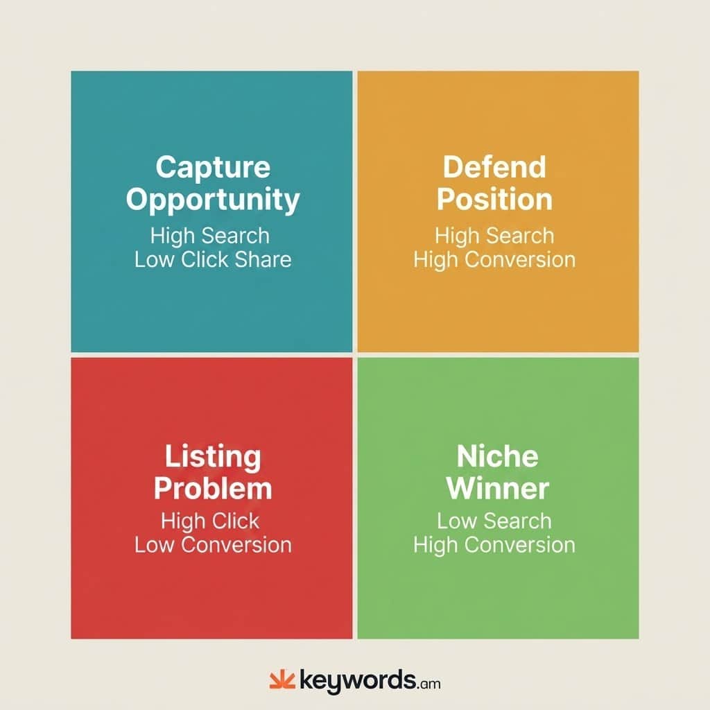 Keywords.am brand analytics search terms click share conversion share opportunity matrix