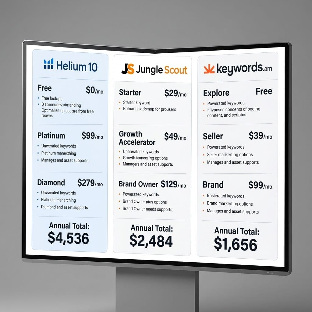 Helium 10 vs Jungle Scout pricing comparison chart showing annual costs for all tiers