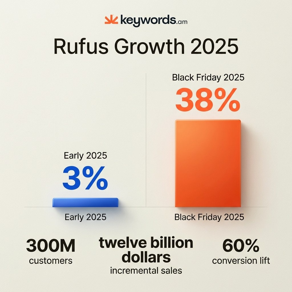 Keywords.am amazon rufus optimization growth data showing 38 percent session adoption and 12 billion dollar sales impact