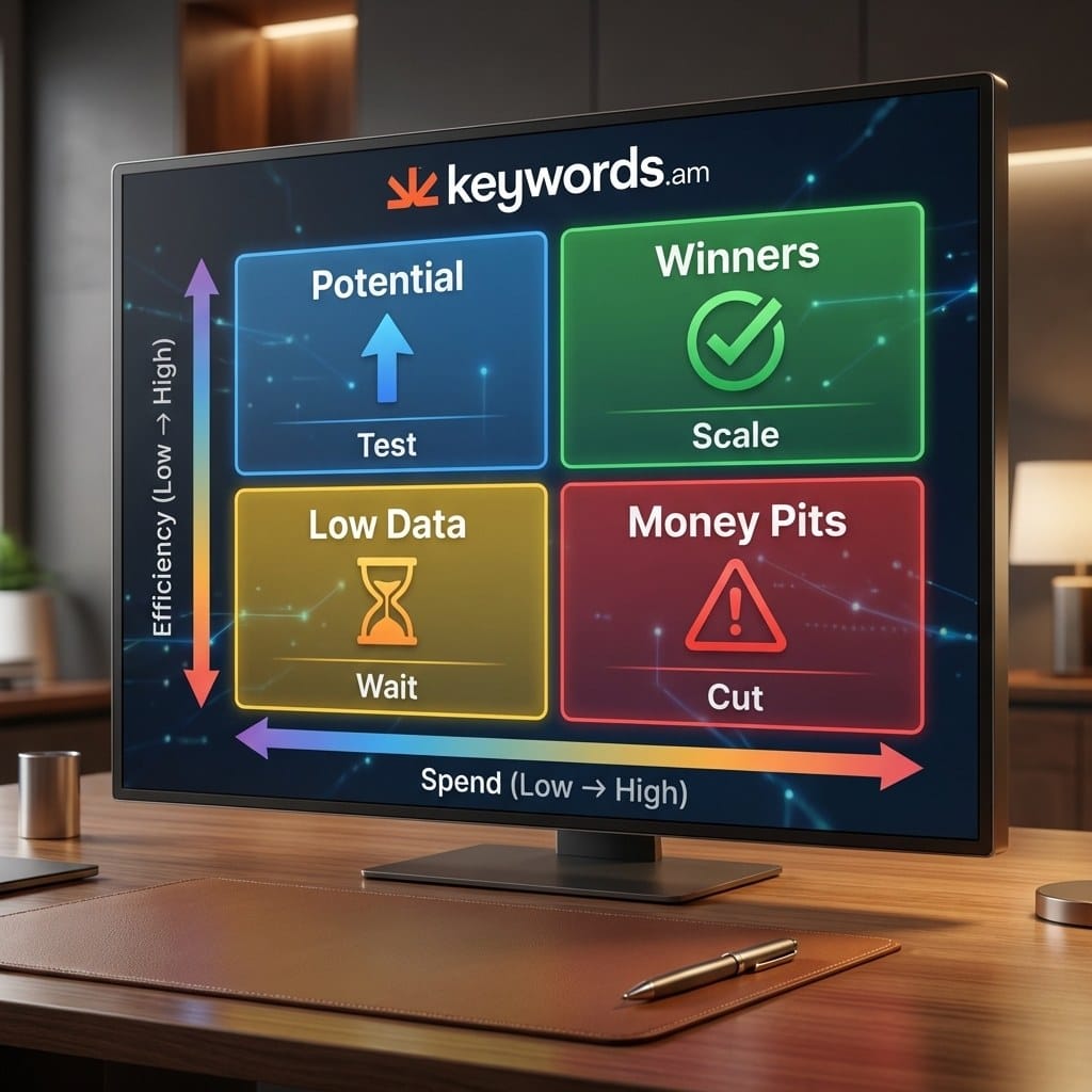 Keywords.am amazon ppc audit 4-bucket search term report framework showing Winners Potential Money Pits and Low Data quadrants